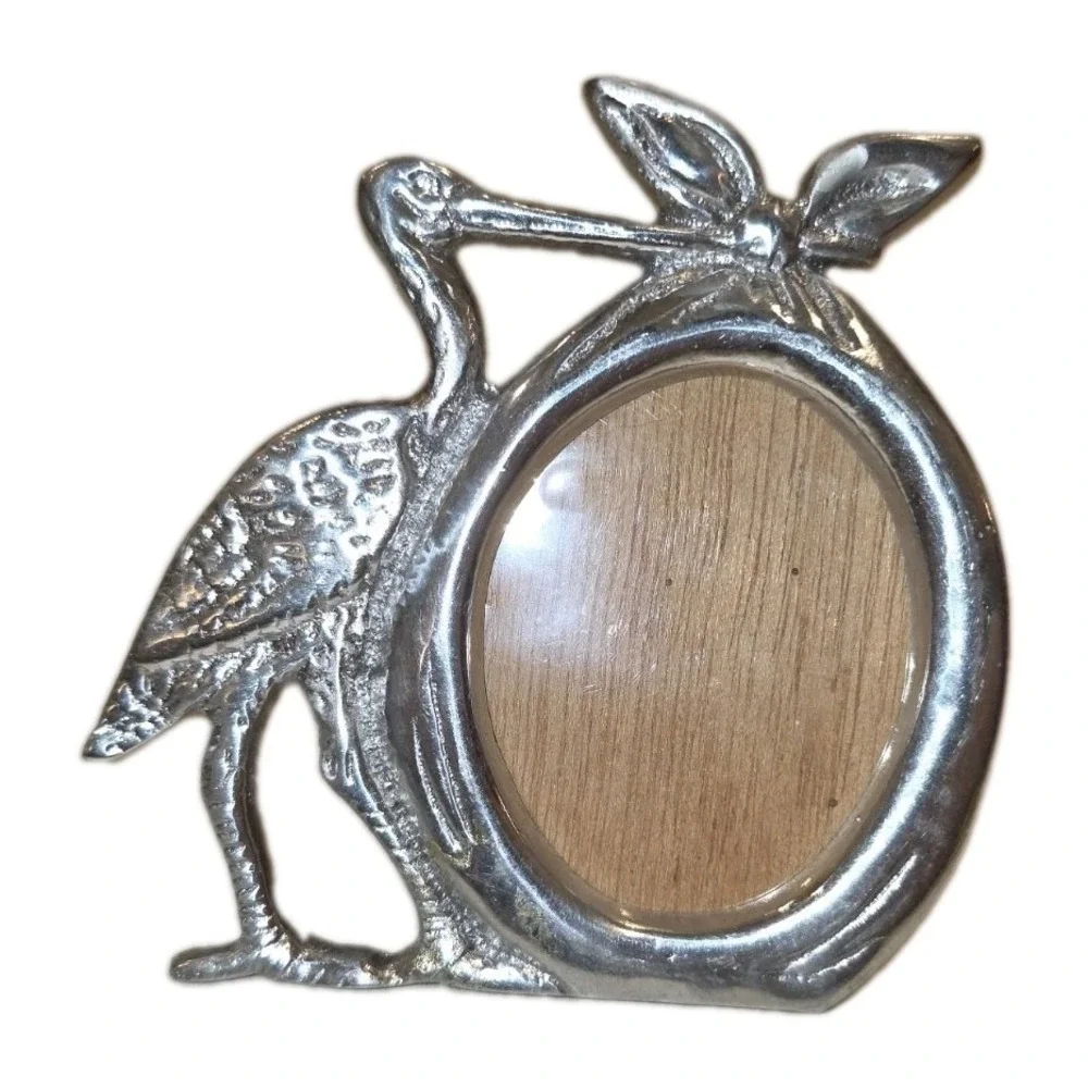 VTG Pewter Stork Baby Picture Frame Nursery Cottagecore Made Mexico Wood Stand